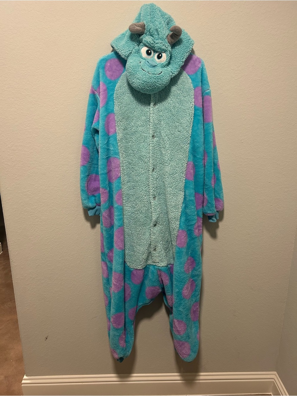 Adult's Sulley Monster Plush One-Piece Hooded Pajamas - Aqua with Purple Spots